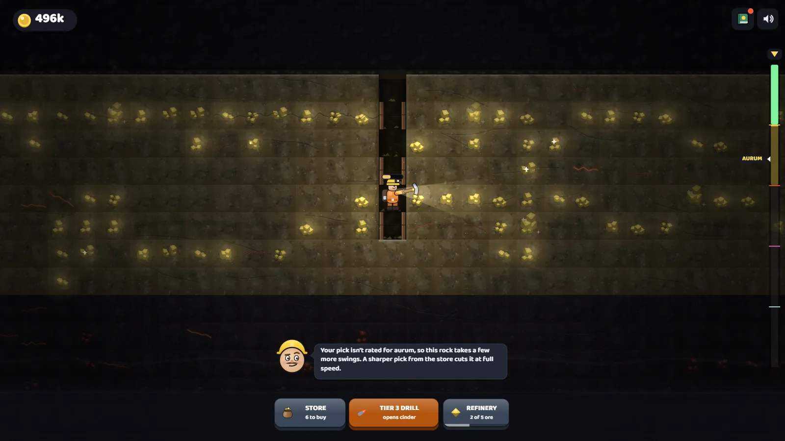 The miner's lamp lighting aurum ore beside the shaft, with the store, drill and refinery buttons below.