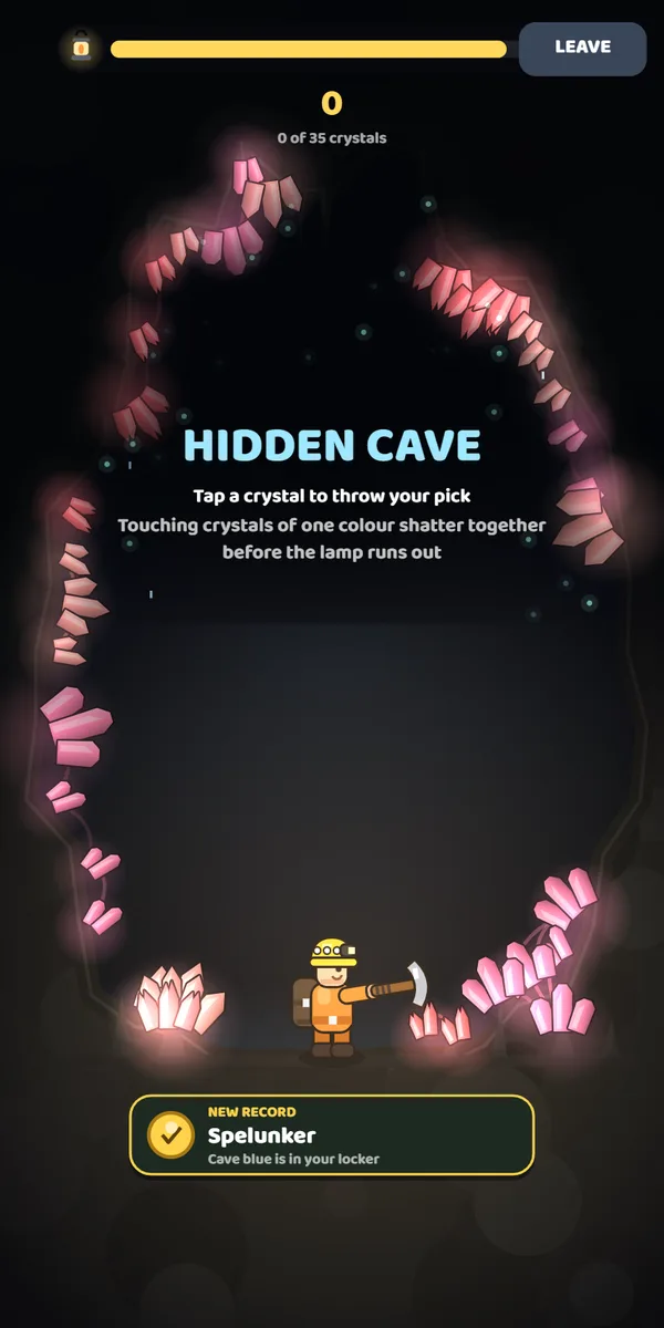 Hidden Cave: pink crystals line the walls, and touching crystals of one colour shatter together.