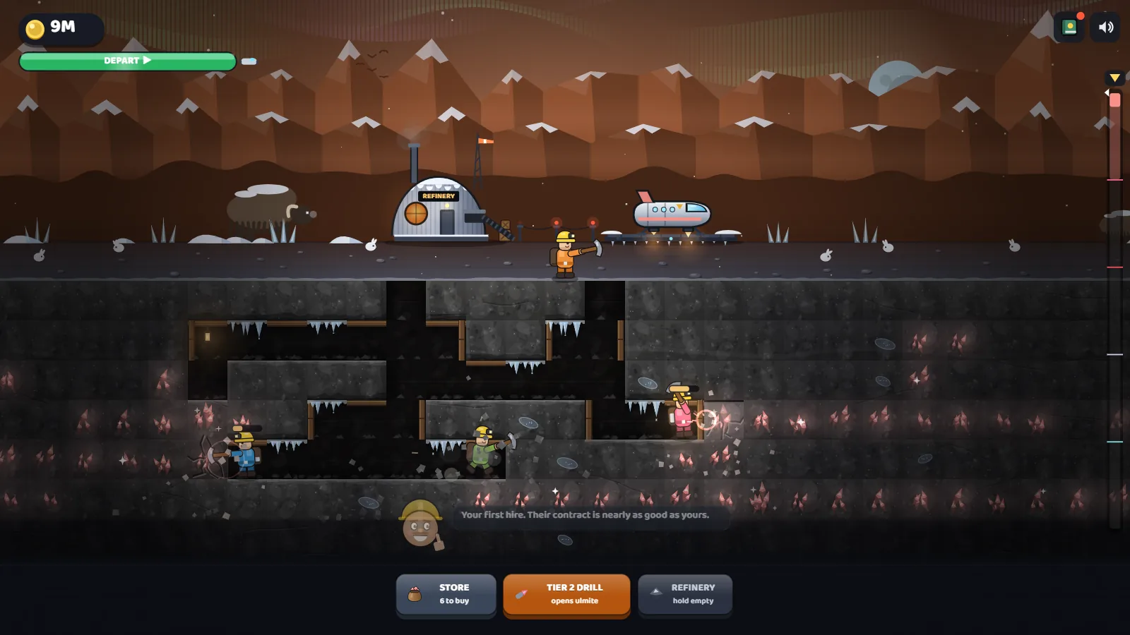 Three hired miners in different coloured suits working pink crystal on a frozen planet, with a shaggy grazing animal by the refinery.