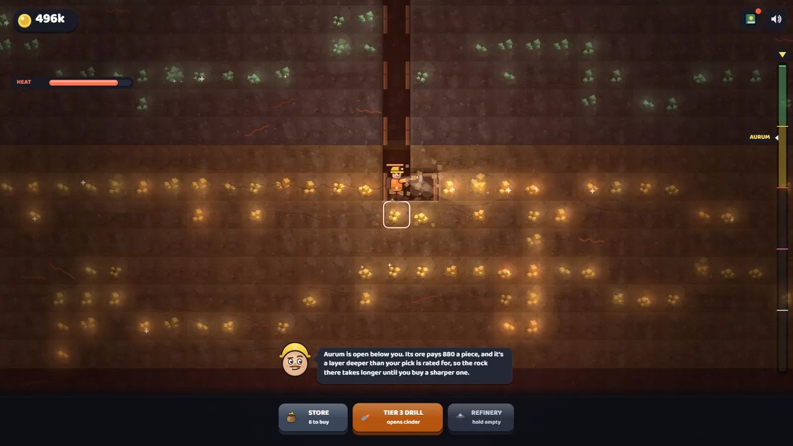 Gold ore glowing in a hot layer, with the heat meter partly full and the mascot explaining the pick rating.