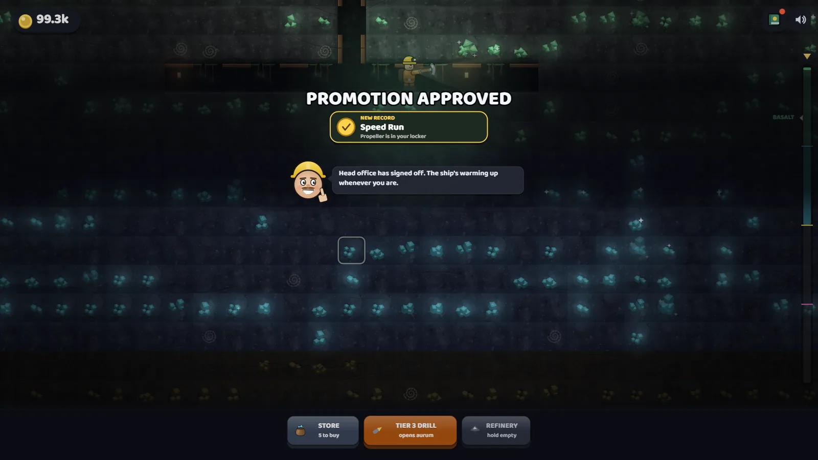 PROMOTION APPROVED: a new speed-run record, and the mascot saying the ship is warming up.