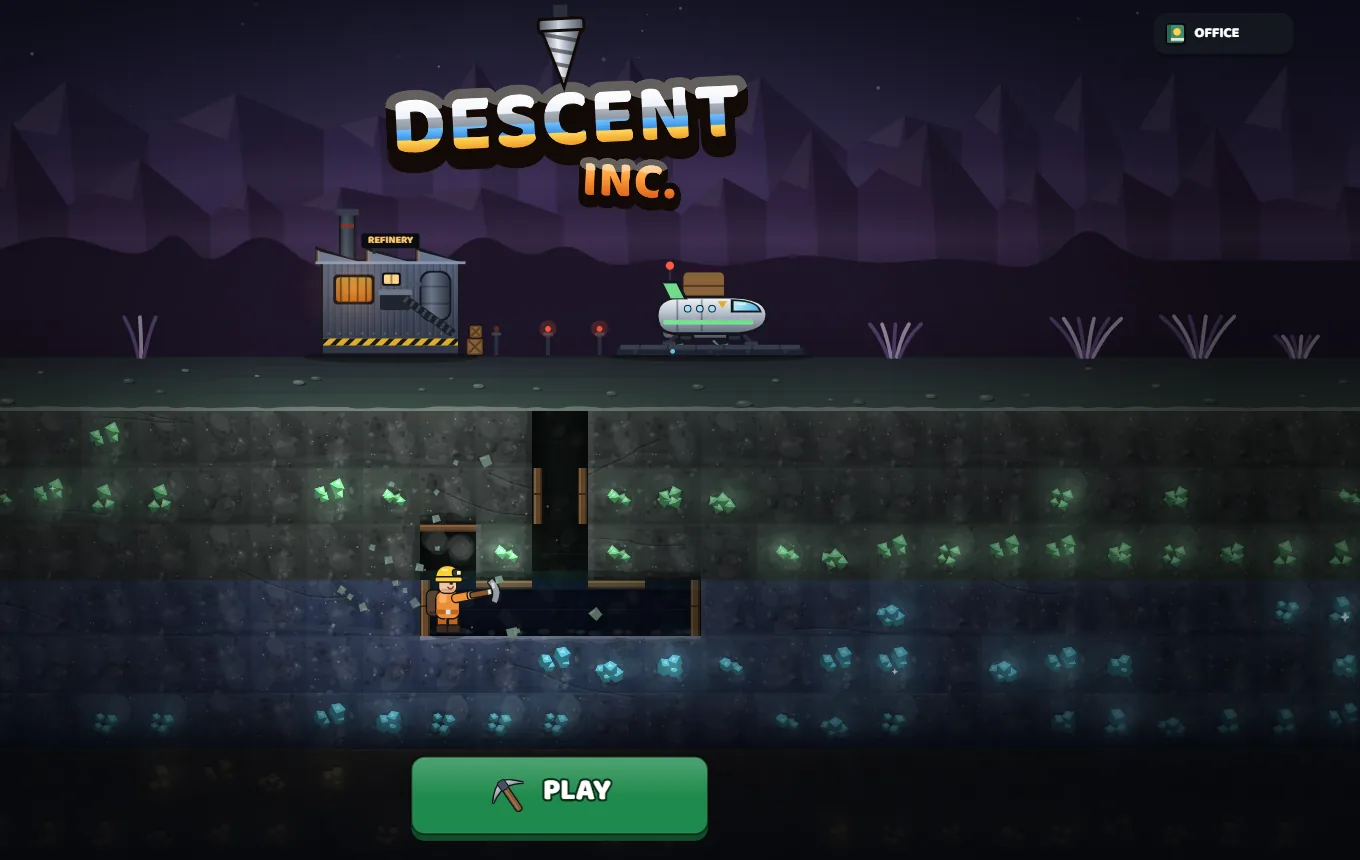 The title screen: a refinery and a landing ship on the surface of a purple planet, with the first ore bands cut away below.